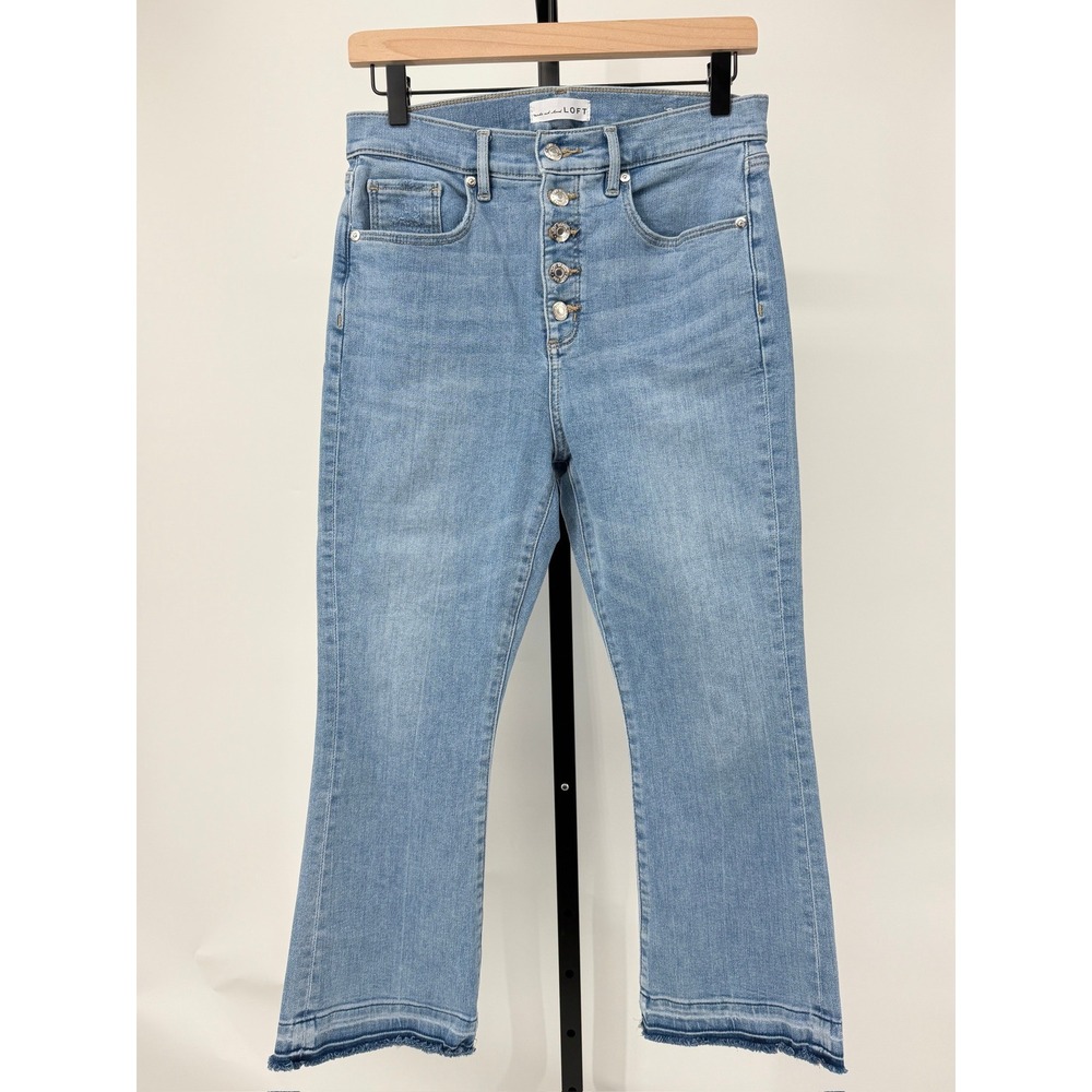 LOFT Kick Crop Jeans High Rise Button Fly Frayed Hem Light Wash Stretch Denim